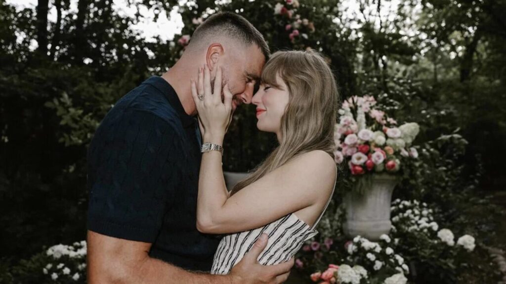 August 26, 2025, Exact Location Unknown, USA: TAYLOR SWIFT and TRAVIS KELCE announced their engagement on Instagram Tuesday, sharing photos of their garden proposal. Your English teacher and your gym teacher are getting married, the pair wrote on their social media post.