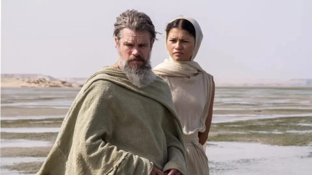 Matt Damon(Left) as Odysseus and Zendaya(Right) as Athena in The Odyssey